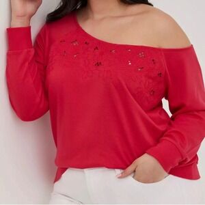 Torrid Womens Size 2 Coral Pink Off Shoulder Floral Embroidered Boho Top